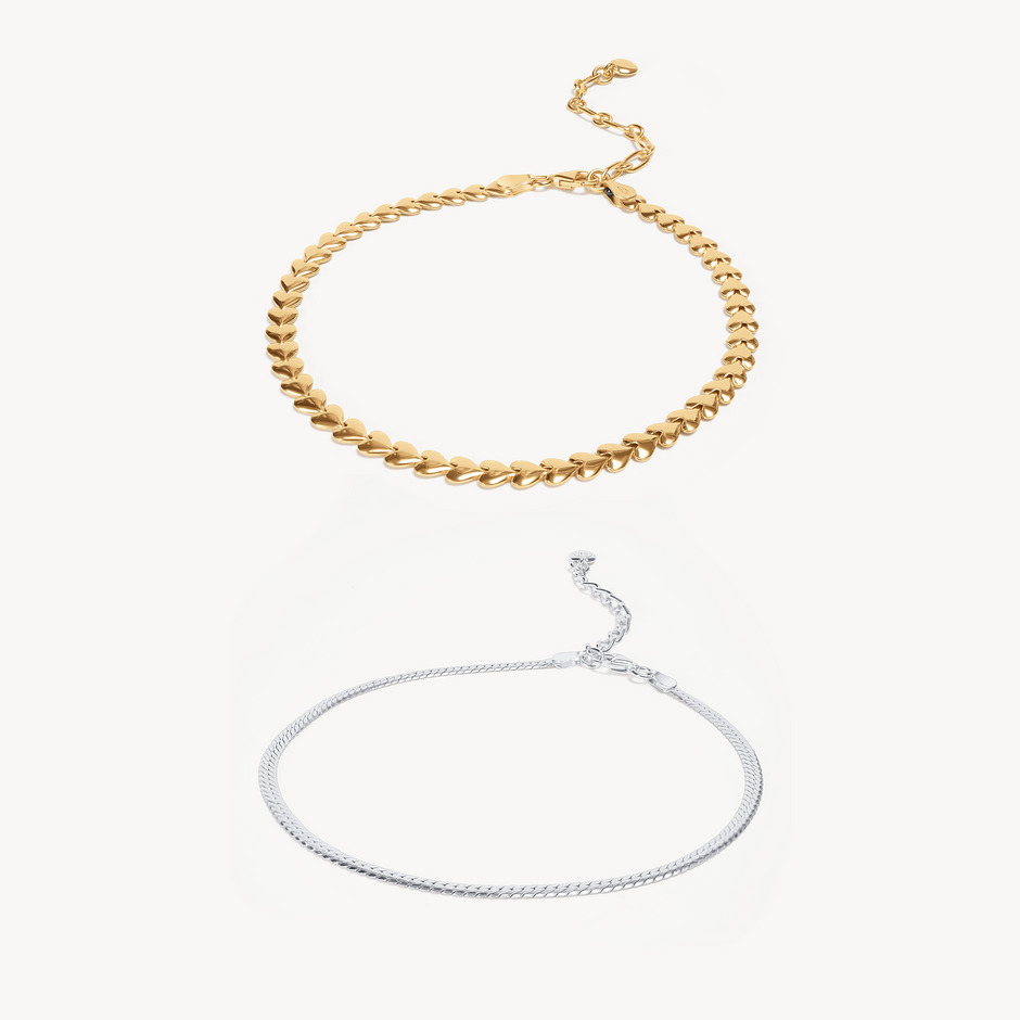Heart & Herringbone Anklet Set Mixed Metal