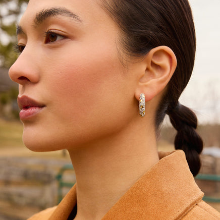 Silver Shade Star Studded Medium Sparkle Hoop Earrings on model