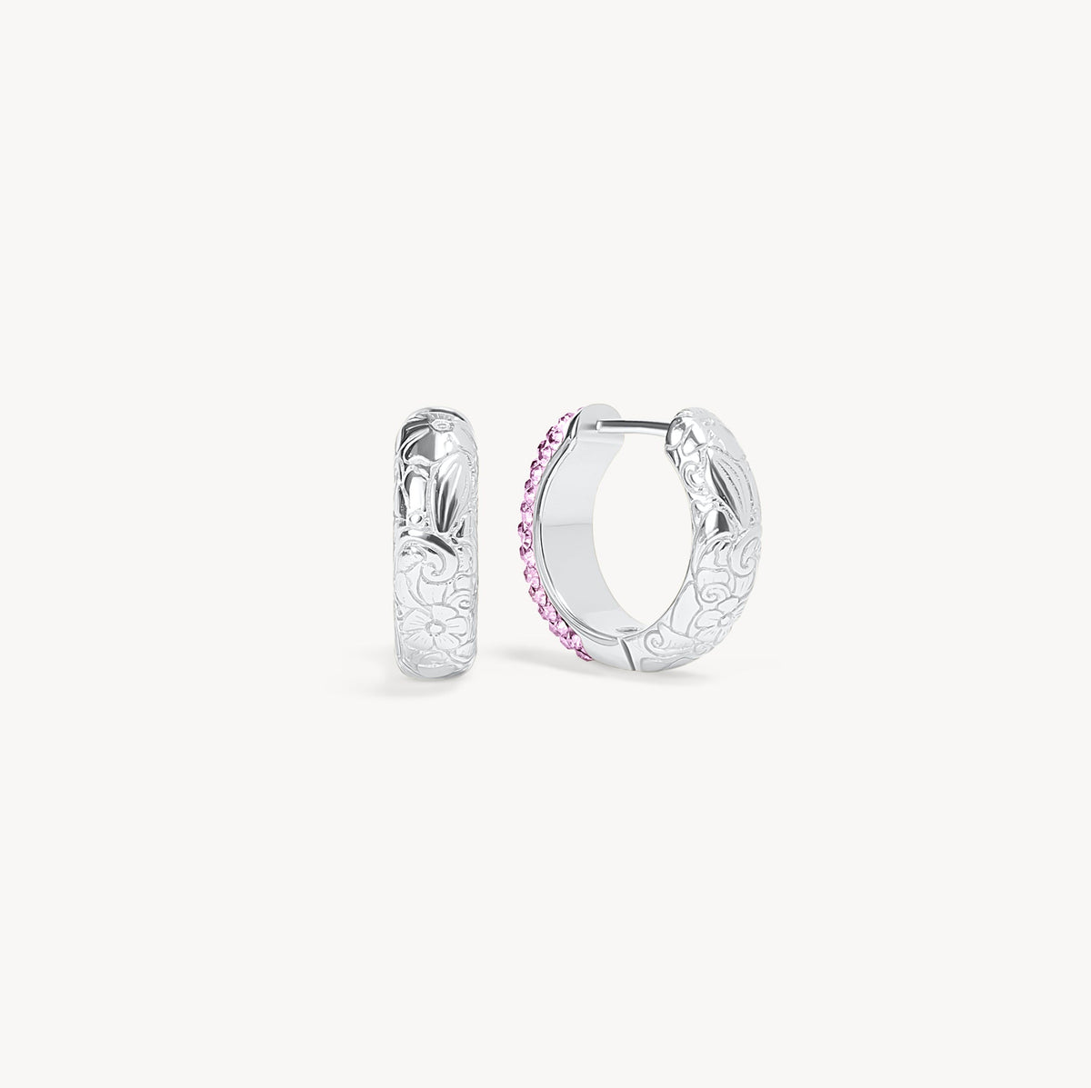 Lilac Sparkle Reversible Hoop Earrings Etched Floral Side