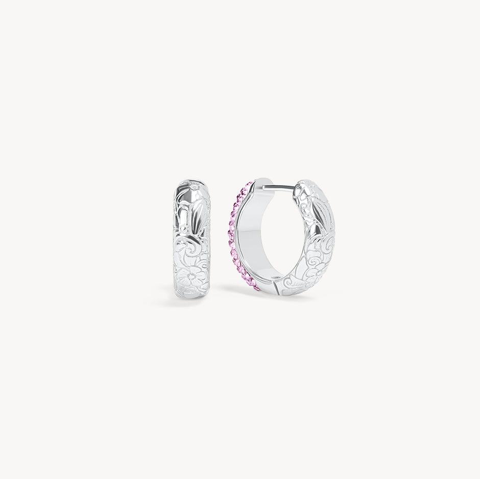 Lilac Sparkle Reversible Hoop Earrings Etched Floral Side