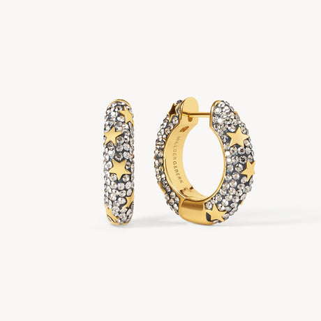 Silver Shade Star Studded Medium Sparkle Hoop Earrings